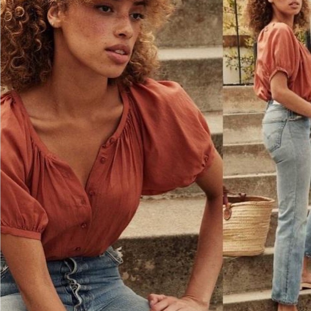 Doen Rust Button-Down Puff Sleeve Top